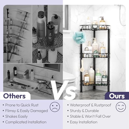 Standing Shower Caddy Corner - 3‑Tier Stainless Steel Shower Organizer Shelf with 12 Hooks and Adhesive Pads, Rustproof Corner Shelves Stand Rack for Bathroom Shower Room, Black