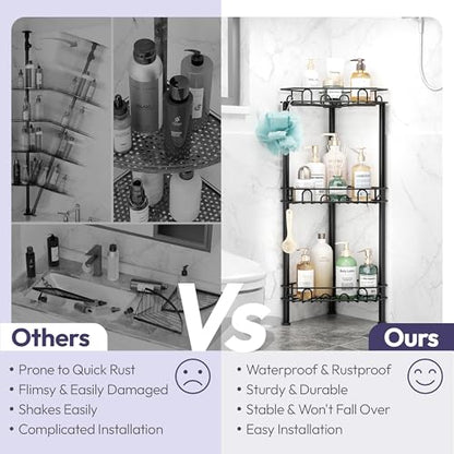 Standing Shower Caddy Corner - 3‑Tier Stainless Steel Shower Organizer Shelf with 12 Hooks and Adhesive Pads, Rustproof Corner Shelves Stand Rack for Bathroom Shower Room, Black