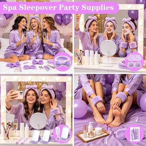 92 Pcs Spa Sleepover Party Supplies for Girls, Include Skincare Headband Set Scrunchie Eye Mask, Mirror Hair, Comb, Nail Care Gift Bags for Spa Slumber Birthday Party Favors Supplies (Purple)