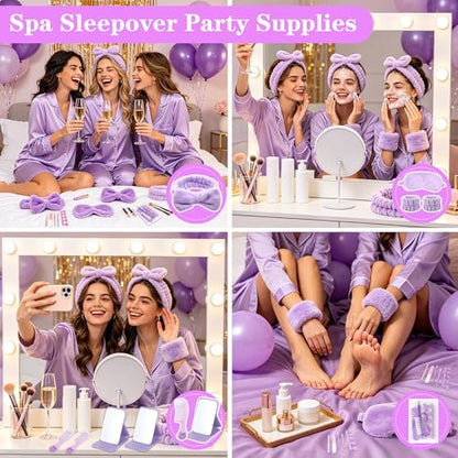 92 Pcs Spa Sleepover Party Supplies for Girls, Include Skincare Headband Set Scrunchie Eye Mask, Mirror Hair, Comb, Nail Care Gift Bags for Spa Slumber Birthday Party Favors Supplies (Purple)