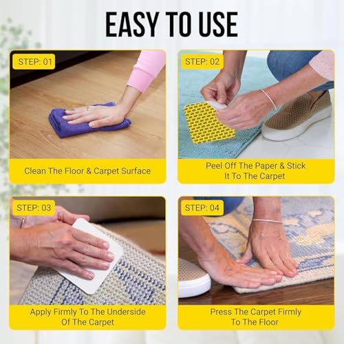 Grip Rug Gripper Carpet Tape - 24pcs, 4x4 in. Anti-Slip Hardwood, Tile Floor, No Damage - Double Sided Reusable, Non Slip Corner Rug Pads - As Seen on TV