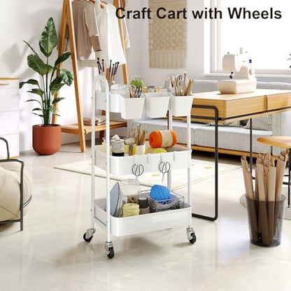 3 Tier Heavy Duty White Metal Rolling Cart with Lockable Wheels, Three Tiered Roller Book Snack Cart, Utility Storage Organizer Shelf Carts for Bathroom, Baby Diaper Caddy, Craft, Art,Cleaning,Teacher