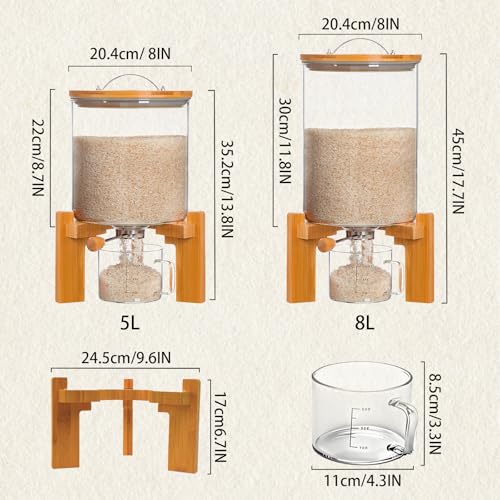 Rice Dispenser, Rice Storage Container, Flour and Cereal Container for Kitchen Organization and Pantry Store, Glass Cereal dispenser with Airtight Lid and Wooden Stand 5L