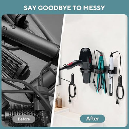 Hair Dryer Holder Wall Mounted, Blow Dryer Holder with Plug&Cord Organizer | Hair Straightener Holder Wall Mount, Metal Hair Tools Organizer & Storage Curling Iron Holder for Bathroom, Salon