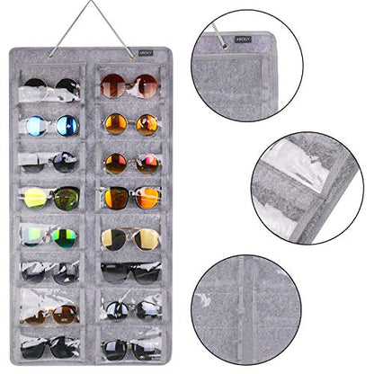 AROUY Sunglasses Organizer Storage, Hanging Dust Proof Wall Pocket Glasses Organizer - 16 Felt Slots Sunglass Organizers Holder with Metal Hook and Sturdy Rope (Gray, Dust Proof)