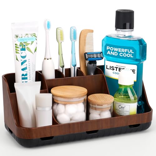 GFWARE Wood Toothbrush Holders for Bathroom Organizer with Drain Holes | Detachable 7 Slots Kid Electric Toothbrush and Toothpaste Holder, Bathroom Sink, Caddy, Tray, Vanity Storage Wood-Look, Brown