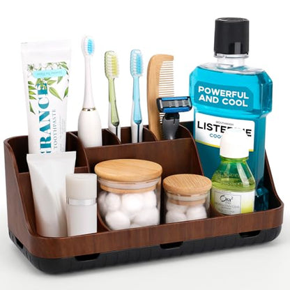 GFWARE Wood Toothbrush Holders for Bathroom Organizer with Drain Holes | Detachable 7 Slots Kid Electric Toothbrush and Toothpaste Holder, Bathroom Sink, Caddy, Tray, Vanity Storage Wood-Look, Brown