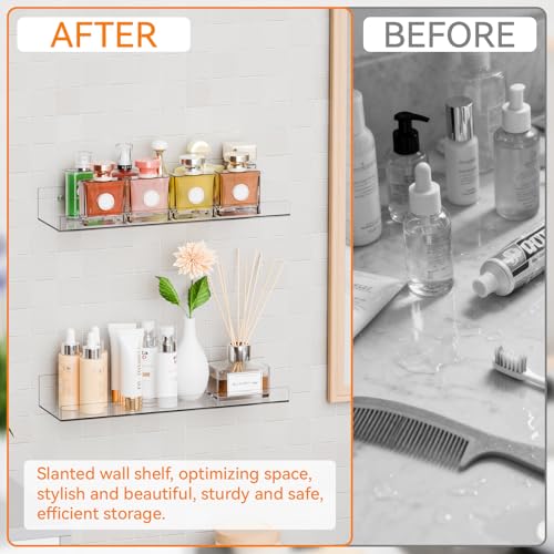 6 Pack Clear Acrylic Shelves for Wall with Adhesive,15 Inch No Drill Floating Shelves for Bathroom,Bedroom,Renter Friendly,Kids Room Bookshelf,Wall Display Shelf for Lego,Funko Pop,Figurine,Perfume