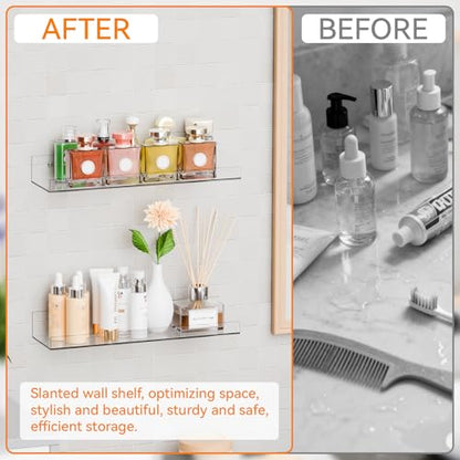 6 Pack Clear Acrylic Shelves for Wall with Adhesive,15 Inch No Drill Floating Shelves for Bathroom,Bedroom,Renter Friendly,Kids Room Bookshelf,Wall Display Shelf for Lego,Funko Pop,Figurine,Perfume