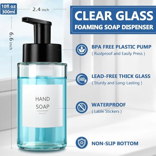 Foaming Soap Dispenser, 10 oz/300ml Foaming Hand Soap Dispenser, 2 Pack Glass Foaming Soap Dispenser for Bathroom Kitchen, Clear Refillable Foam Soap Dispenser Bottle with Waterproof Labels
