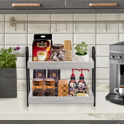 2 Tier Coffee Bar Organizer, Wood Coffee Bar Accessories Shelf for Countertop, Rustic Coffee Station Organizer Decor Stand Rack for Mugs Cups Syrup, Condiment Storage Holder for Kitchen, Home, Office