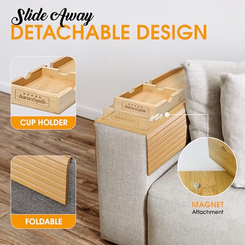 Bamboo Couch Cup Holder, 2 Cork Coasters, Anti-Slip Foldable Couch Arm Tray | 2 in 1 Foldable Sofa Arm Tray, Couch Armrest Table, Anti-Spill Couch Arm Table for Drinks TV Remote Cellphone Snacks