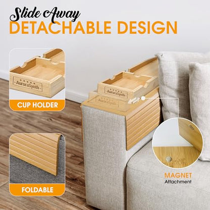 Bamboo Couch Cup Holder, 2 Cork Coasters, Anti-Slip Foldable Couch Arm Tray | 2 in 1 Foldable Sofa Arm Tray, Couch Armrest Table, Anti-Spill Couch Arm Table for Drinks TV Remote Cellphone Snacks