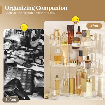 Aveniee Corner Bathroom Counter Organizer, Bathroom Countertop Shelf Makeup Storage, Clear Perfume Tray Holder (3 Tiers, White)