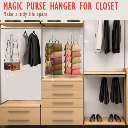 2 Pack Purse Organizer for Closet: Upgraded Purse Hanger with Large Hooks | 360 Degree Rotation for Organizer Display - Collapsible Space Saving Hangers Rack for Handbag Belt Scarve Tie - Silver