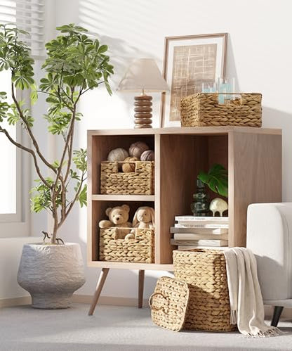Bluewest Water Hyacinth Storage Baskets, Set of 6, Woven Bins with Handles | Organizer and Laundry Basket with Carrying Handles, Designed as a Rattan Bin for Shelves, Closets and Household Essentials.
