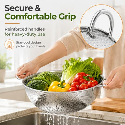 TeamFar Colander Set of 3, Stainless Steel Perforated Colander Strainer | Metal Food Strainer for Draining/Washing/Rinsing Pasta Vegetables Fruits, Healthy, Sturdy & Dishwasher Safe - 1/3/5 Quart
