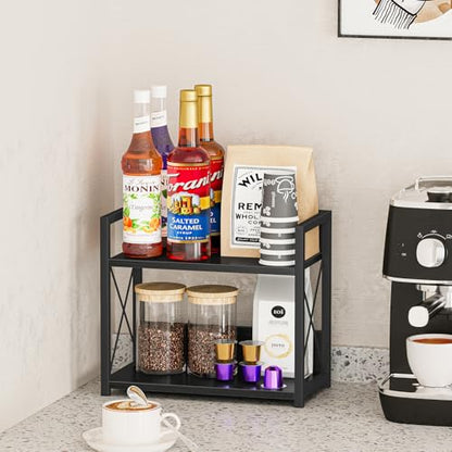 Giikin Kitchen Counter Shelf, 2 Tier Kitchen Spice Rack Organizer for Countertop, Wood Coffee Bar Organizer for Home (Black, S)