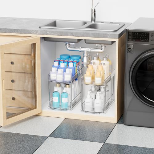 2 Pack Large Pull Out Bathroom Organizers and Storage,2 Tier 12.8″ Tall Sliding Kitchen Under Sink Organizer for Cleaning Products Storage,Acrylic Clear Bathroom inder Sink Organizer,Undersink Storage