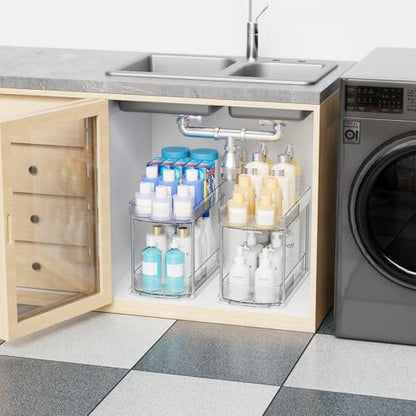2 Pack Large Pull Out Bathroom Organizers and Storage,2 Tier 12.8″ Tall Sliding Kitchen Under Sink Organizer for Cleaning Products Storage,Acrylic Clear Bathroom inder Sink Organizer,Undersink Storage