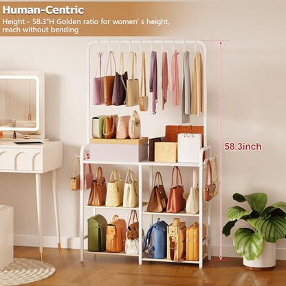 Large Capacity 3-Tier Purse Organizer for Closet, Double-Row Rack, 16 Hooks | 10 Top Hooks, 6 Side Hooks: Three shelves hold at least seven handbags per tier; the 11.5-inch depth fits narrow spaces