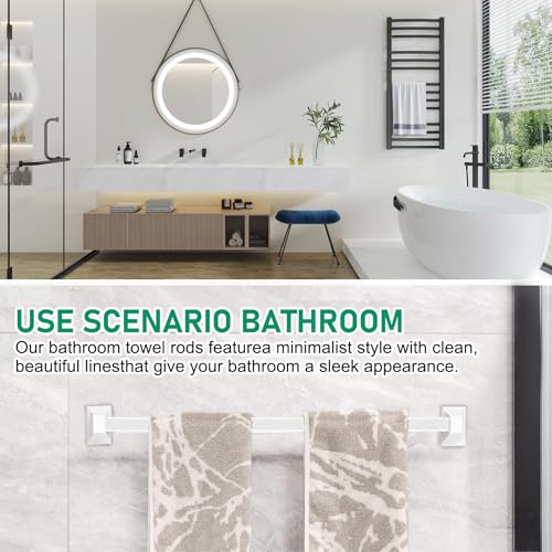 24-Inch Spring End Wall-Mounted Towel Bar, Adjustable Sturdy Plastic Towel Holder for Bathroom Kitchen Towel Storage White