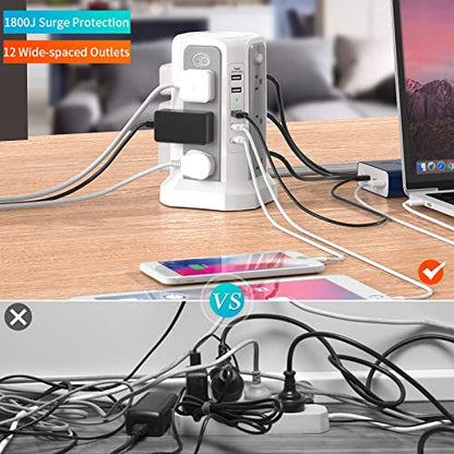 Surge Protector Power Strip Tower with PD18W USB C Port,10FT Extension Cord with 12 AC Mutiple Outlets 5 USB Charging Ports, PASSUS Power Tower Surge Protection for Home Office Dorm Room