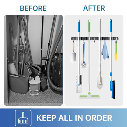 2 Pack Mop Broom Holder Wall Mount 4 Racks 5 Hooks Storage Black | 304 Rustproof Stainless Steel Broom Hanger, Non-Slip Wall Mount Organizer, Space Saving For Kitchen, Laundry, Garden