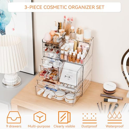 3 Pack Clear Makeup Organizer Countertop for Dresser,Vanity and Bathroom Counter Organizer,Tiered Stackable Makeup Acrylic Organizers with 9 Drawer for Skincare,Brush and Make up Holders