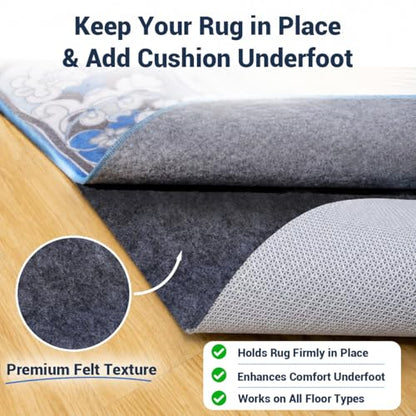 Non Slip Rug Pad 8x10 Ft, 1/8 Inch Thin Felt & Rubber Backing, Non Skid Rug Gripper for Hardwood Floors, Anti-Slip Carpet Pad for Area Rugs, Floor Protection, Moisture Resistant & Easy Trim