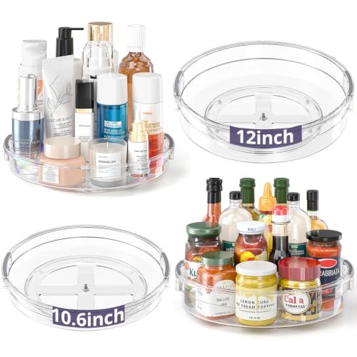 LAMU 4 Pack Lazy Susan Organizer, Clear Lazy Susan Turntable for Cabinet, Refrigerator, Table Top, Kitchen, Bathroom, Pantry Organizers and Storage, 2 Sizes Included 12in, 10.6in