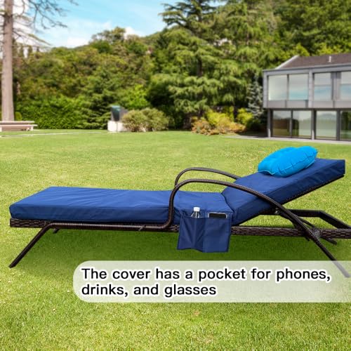 Replacement Covers for Outdoor Chaise Lounge Cushions, 80 x 26 x 3 Inch Patio Lounge Chair Cushion Covers–Waterproof, Fade-Resistant, with 2 Pockets & Inflatable Headrest (Cover Only) Navy blue
