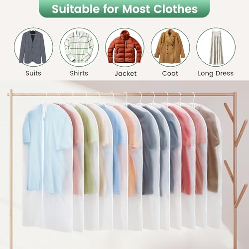 Carbrea 12 Pack Translucent Garment Bags for Hanging Clohes - 24" x 42" | Thick PEVA Materials, Smooth Zipper, with Zipper Protection, Breathable, Washable, Reusable, for Closet Storage, Travel Use