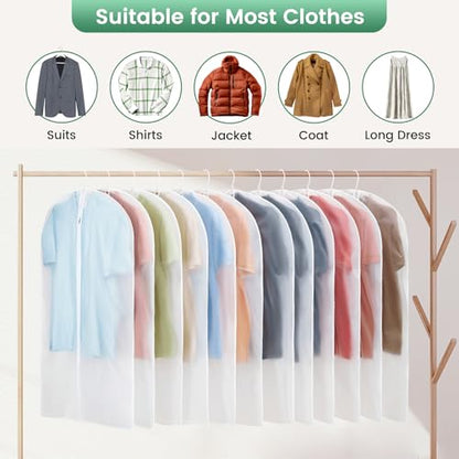 Carbrea 12 Pack Translucent Garment Bags for Hanging Clohes - 24" x 42" | Thick PEVA Materials, Smooth Zipper, with Zipper Protection, Breathable, Washable, Reusable, for Closet Storage, Travel Use