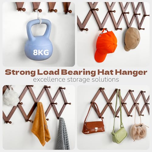 Accordion Wall Hanger, Wooden Hat Rack with 16 Hooks | Expandable Peg Hat Organizer, Decorative Coat Rack, Hanging Baseball Caps, Bags, Scarves for Wall (Walnut)