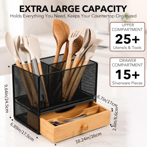 Kitchen Utensil Holder Countertop,Extra Large Utensil Organizer with Drawer | 2-Tier Utensil & Silverware Organizer for Kitchen Counter, Cooking Utensil Cutlery Caddy, Quick Dry Diatomite Base