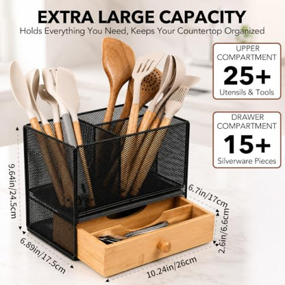 Kitchen Utensil Holder Countertop,Extra Large Utensil Organizer with Drawer | 2-Tier Utensil & Silverware Organizer for Kitchen Counter, Cooking Utensil Cutlery Caddy, Quick Dry Diatomite Base
