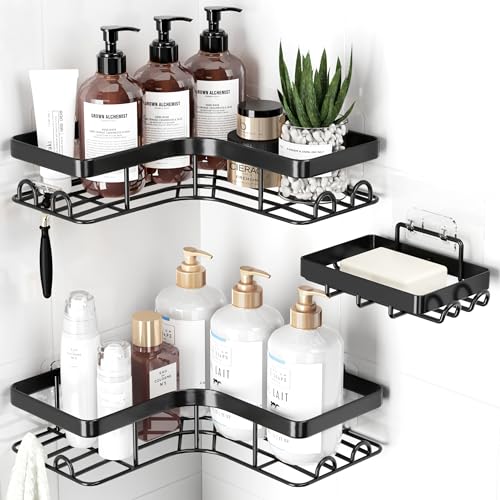 Sakugi Corner Shower Caddy - 3-Pack Shower Organizer with Soap Holder & Built-In Hooks, Rustproof Metal Shower Shelves, Laundry, Kitchen, Bathroom Organizers and Storage Solution, Large, Black