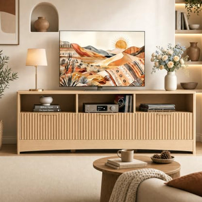Marsail Fluted TV Stand for 65 inch TV, Modern Entertainment Center with Drawers, Boho TV Stands Wood Media Console Cabinet with Storage and Shelves, TV Consoles for Living Room, Bedroom, Oak