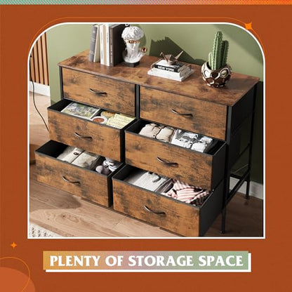 WLIVE Dresser for Bedroom with 6 Fabric Drawers, Rustic Brown | Closet Dresser, Metal Frame, Wooden Top, Fabric Dresser for Closet, Living Room, Hallway