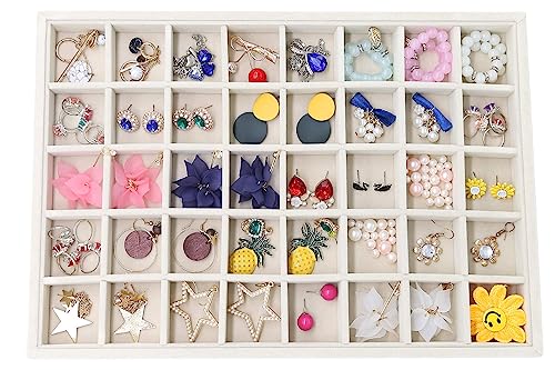 Stratalife 40 Grid Velvet Jewelry Organizer Tray, 13.8" x 9.4" x 1.2" | Stackable Drawer Earring Organizer with Adjustable Dividers, Jewelry Display Tray for Necklace Earring Ring Studs, Beige