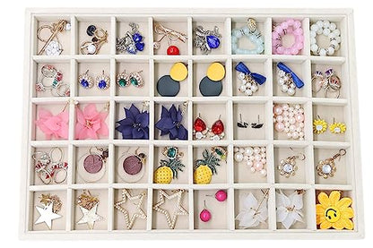 Stratalife 40 Grid Velvet Jewelry Organizer Tray, 13.8" x 9.4" x 1.2" | Stackable Drawer Earring Organizer with Adjustable Dividers, Jewelry Display Tray for Necklace Earring Ring Studs, Beige