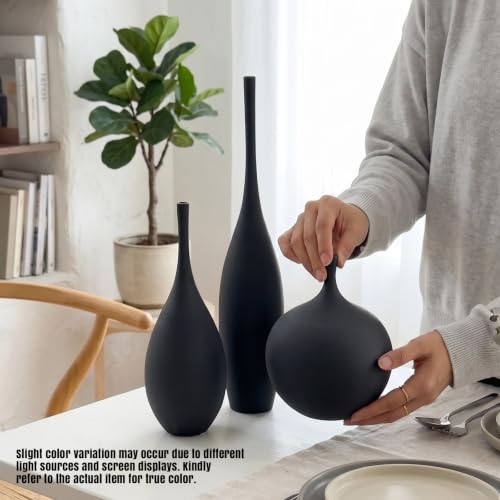 Black Ceramic Vases Set of 3, Modern Boho Vases for Centerpiece Decor, Matte Minimalist Decorative Vases for Home Decor, Living Room, Bookshelf, and Entryway Table Decor