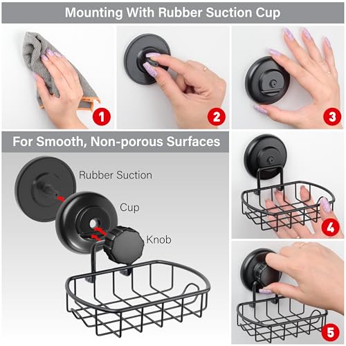 HASKO 2 Pack Suction Cup Soap Dish for Shower Wall, Rustproof Stainless Steel, Shower Soap Holder with Hooks, Includes Optional No Drill Adhesive Mount for Bathroom, 2 Soap Savers, Black