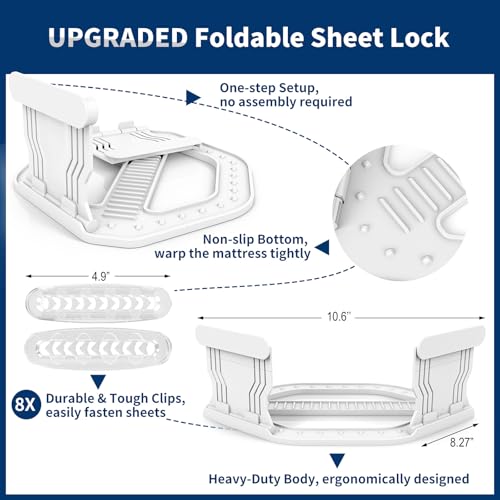 AMOVO Bed Sheet Holders for Corners Keep Sheets in Place Firmly - Foldable Fitted Sheet Holders Heavy Duty Sheet Locks Mattress Sheet Fasteners, Set of 4 Lock Sheet Clips (Snow-White)