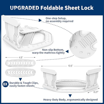 AMOVO Bed Sheet Holders for Corners Keep Sheets in Place Firmly - Foldable Fitted Sheet Holders Heavy Duty Sheet Locks Mattress Sheet Fasteners, Set of 4 Lock Sheet Clips (Snow-White)