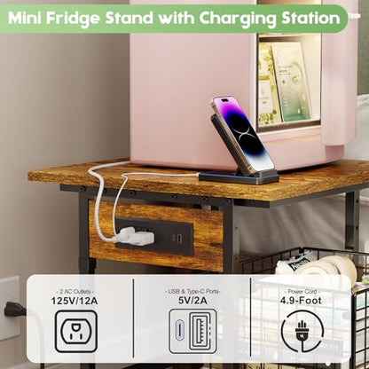 Mini Fridge Stand with Storage and Power Outlet, Small Refrigerator Stand with Wheels, Mini Fridge Cart-Max Load 300 LBS Heavy Microwave Printer Stand Utility Cart for Dorm,Kitchen, Office
