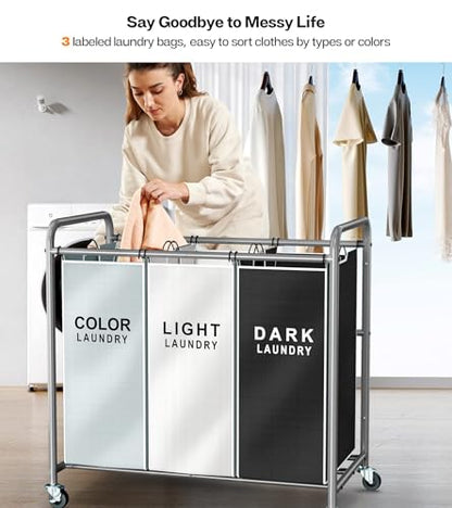 Laundry Sorter Hamper 3 Section, Divided Laundry Basket Organizer with Heavy Duty Lockable Wheels and Removable Bags, Rolling Clothes Hamper for Apartment, Dorm & Family (135L Multicolor)
