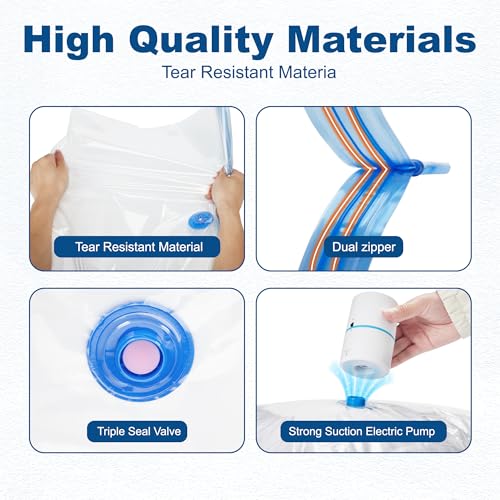 HOUSE DAY 30 Pack Vacuum Storage Bags with Electric Pump, 4 Sizes + 2 Roll-Up (5 Each), Space Saver Vacuum Seal Bags for Clothing, Bedding, Pillows, Travel – Airtight Seal, Reusable & Durable