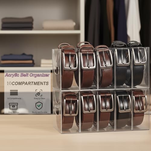Belt Organizer,Acrylic Belt Organizer for Closet with Removable Dividers 5 Compartments & Handles Drawer organization and storage for Purse,underwear, Socks,and Ties (2pack)